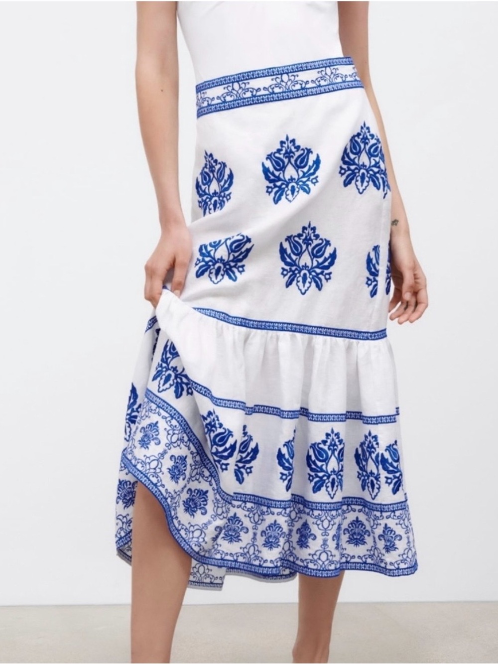 Zara White Midi Skirt with Blue Floral Print